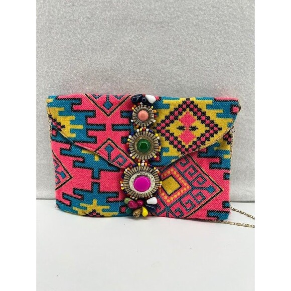 Steve Madden Aztec Print Purse Stone Embellished Gold Chain Strap Crossbody - Picture 1 of 5